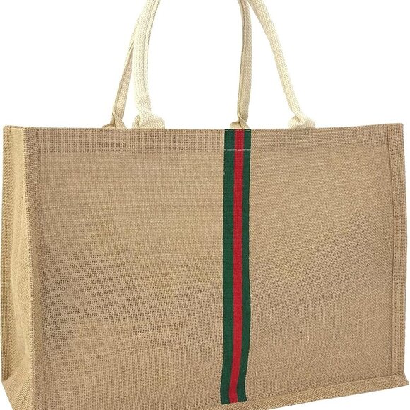 Large Eco-Friendly Woven Straw Beach Tote Bag with Tassel, Green Stripe, 18x15x8 - Picture 1 of 7